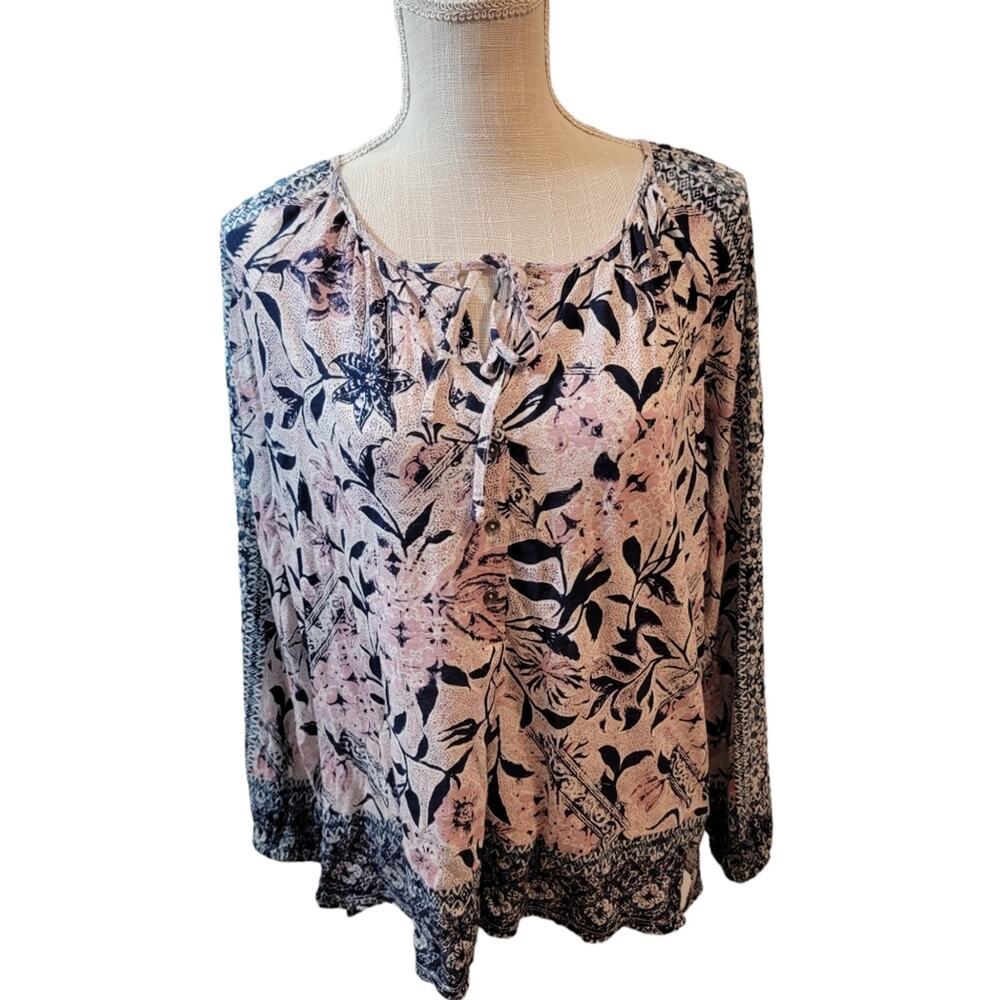 Lucky Brand Pink/Blue Long Sleeve Border Print Boho Blouse Size Medium